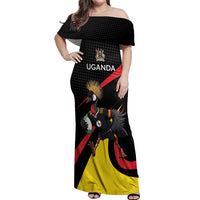 Uganda Rugby Custom Off Shoulder Maxi Dress Black Crowned Crane Mascot - Sporty Style