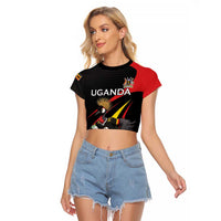 Uganda Rugby Custom Raglan Cropped T Shirt Black Crowned Crane Mascot - Sporty Style