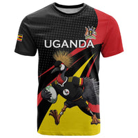 Uganda Rugby Custom T Shirt Black Crowned Crane Mascot - Sporty Style
