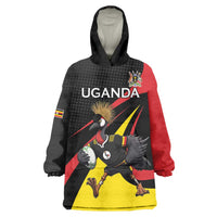 Uganda Rugby Custom Wearable Blanket Hoodie Black Crowned Crane Mascot - Sporty Style