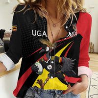 Uganda Rugby Custom Women Casual Shirt Black Crowned Crane Mascot - Sporty Style