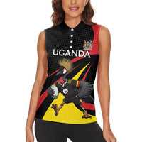Uganda Rugby Custom Women Sleeveless Polo Shirt Black Crowned Crane Mascot - Sporty Style