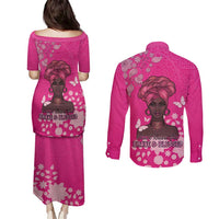 African Women Couples Matching Puletasi and Long Sleeve Button Shirt Black Beautiful Brave and Bressed - Pink Color - Wonder Print Shop