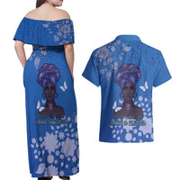 African Women Couples Matching Off Shoulder Maxi Dress and Hawaiian Shirt Black Beautiful Brave and Bressed - Blue Color - Wonder Print Shop