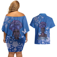 African Women Couples Matching Off Shoulder Short Dress and Hawaiian Shirt Black Beautiful Brave and Bressed - Blue Color - Wonder Print Shop