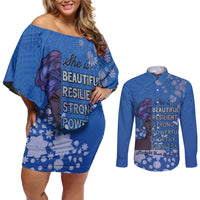African Women Couples Matching Off Shoulder Short Dress and Long Sleeve Button Shirt Black Beautiful Brave and Bressed - Blue Color - Wonder Print Shop