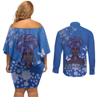 African Women Couples Matching Off Shoulder Short Dress and Long Sleeve Button Shirt Black Beautiful Brave and Bressed - Blue Color - Wonder Print Shop
