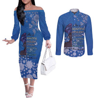 African Women Couples Matching Off The Shoulder Long Sleeve Dress and Long Sleeve Button Shirt Black Beautiful Brave and Bressed - Blue Color - Wonder Print Shop