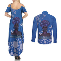 African Women Couples Matching Summer Maxi Dress and Long Sleeve Button Shirt Black Beautiful Brave and Bressed - Blue Color - Wonder Print Shop