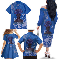African Women Family Matching Off The Shoulder Long Sleeve Dress and Hawaiian Shirt Black Beautiful Brave and Bressed - Blue Color - Wonder Print Shop