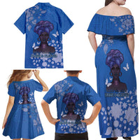 African Women Family Matching Off Shoulder Maxi Dress and Hawaiian Shirt Black Beautiful Brave and Bressed - Blue Color - Wonder Print Shop