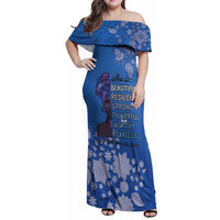 African Women Family Matching Off Shoulder Maxi Dress and Hawaiian Shirt Black Beautiful Brave and Bressed - Blue Color - Wonder Print Shop