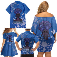 African Women Family Matching Off Shoulder Short Dress and Hawaiian Shirt Black Beautiful Brave and Bressed - Blue Color - Wonder Print Shop