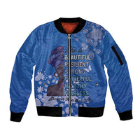 African Women Sleeve Zip Bomber Jacket Black Beautiful Brave and Bressed - Blue Color - Wonder Print Shop