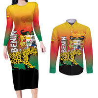 Personalized Benin National Day Couples Matching Long Sleeve Bodycon Dress and Long Sleeve Button Shirt Leopard With Coat Of Arms - Wonder Print Shop