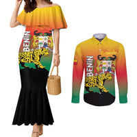 Personalized Benin National Day Couples Matching Mermaid Dress and Long Sleeve Button Shirt Leopard With Coat Of Arms - Wonder Print Shop