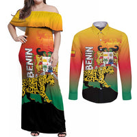Personalized Benin National Day Couples Matching Off Shoulder Maxi Dress and Long Sleeve Button Shirt Leopard With Coat Of Arms - Wonder Print Shop
