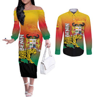 Personalized Benin National Day Couples Matching Off The Shoulder Long Sleeve Dress and Long Sleeve Button Shirt Leopard With Coat Of Arms - Wonder Print Shop