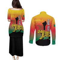 Personalized Benin National Day Couples Matching Puletasi and Long Sleeve Button Shirt Leopard With Coat Of Arms - Wonder Print Shop