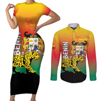 Personalized Benin National Day Couples Matching Short Sleeve Bodycon Dress and Long Sleeve Button Shirt Leopard With Coat Of Arms - Wonder Print Shop