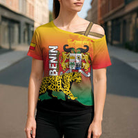 Personalized Benin National Day Cross Shoulder Shirt Leopard With Coat Of Arms - Wonder Print Shop