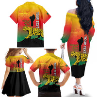 Personalized Benin National Day Family Matching Off The Shoulder Long Sleeve Dress and Hawaiian Shirt Leopard With Coat Of Arms - Wonder Print Shop