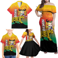 Personalized Benin National Day Family Matching Off Shoulder Maxi Dress and Hawaiian Shirt Leopard With Coat Of Arms - Wonder Print Shop