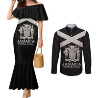 Personalized Jamaica Couples Matching Mermaid Dress and Long Sleeve Button Shirt Coat Of Arms With Rastafarian Lion Silver Color - Wonder Print Shop