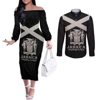 Personalized Jamaica Couples Matching Off The Shoulder Long Sleeve Dress and Long Sleeve Button Shirt Coat Of Arms With Rastafarian Lion Silver Color - Wonder Print Shop