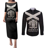 Personalized Jamaica Couples Matching Puletasi and Long Sleeve Button Shirt Coat Of Arms With Rastafarian Lion Silver Color - Wonder Print Shop
