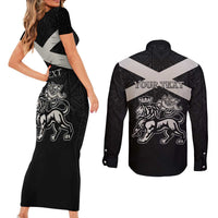 Personalized Jamaica Couples Matching Short Sleeve Bodycon Dress and Long Sleeve Button Shirt Coat Of Arms With Rastafarian Lion Silver Color - Wonder Print Shop