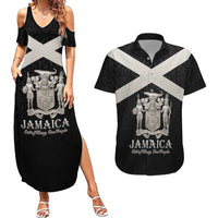 Personalized Jamaica Couples Matching Summer Maxi Dress and Hawaiian Shirt Coat Of Arms With Rastafarian Lion Silver Color - Wonder Print Shop