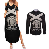 Personalized Jamaica Couples Matching Summer Maxi Dress and Long Sleeve Button Shirt Coat Of Arms With Rastafarian Lion Silver Color - Wonder Print Shop