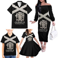 Personalized Jamaica Family Matching Off The Shoulder Long Sleeve Dress and Hawaiian Shirt Coat Of Arms With Rastafarian Lion Silver Color - Wonder Print Shop