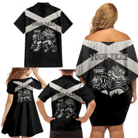 Personalized Jamaica Family Matching Off Shoulder Short Dress and Hawaiian Shirt Coat Of Arms With Rastafarian Lion Silver Color - Wonder Print Shop