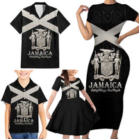 Personalized Jamaica Family Matching Short Sleeve Bodycon Dress and Hawaiian Shirt Coat Of Arms With Rastafarian Lion Silver Color - Wonder Print Shop