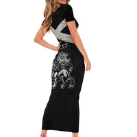 Personalized Jamaica Family Matching Short Sleeve Bodycon Dress and Hawaiian Shirt Coat Of Arms With Rastafarian Lion Silver Color - Wonder Print Shop