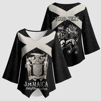 Personalized Jamaica Kimono Sleeve Blouse Coat Of Arms With Rastafarian Lion Silver Color - Wonder Print Shop