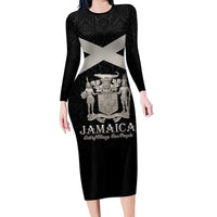Personalized Jamaica Long Sleeve Bodycon Dress Coat Of Arms With Rastafarian Lion Silver Color - Wonder Print Shop
