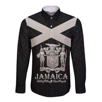 Personalized Jamaica Long Sleeve Button Shirt Coat Of Arms With Rastafarian Lion Silver Color - Wonder Print Shop