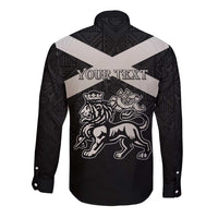 Personalized Jamaica Long Sleeve Button Shirt Coat Of Arms With Rastafarian Lion Silver Color - Wonder Print Shop