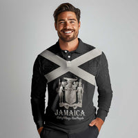 Personalized Jamaica Long Sleeve Polo Shirt Coat Of Arms With Rastafarian Lion Silver Color - Wonder Print Shop