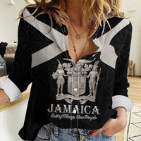 Personalized Jamaica Women Casual Shirt Coat Of Arms With Rastafarian Lion Silver Color - Wonder Print Shop