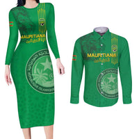 Custom Mauritania Football Couples Matching Long Sleeve Bodycon Dress and Long Sleeve Button Shirt Coat Of Arms With Islamic Pattern - Wonder Print Shop
