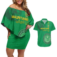 Custom Mauritania Football Couples Matching Off Shoulder Short Dress and Hawaiian Shirt Coat Of Arms With Islamic Pattern - Wonder Print Shop