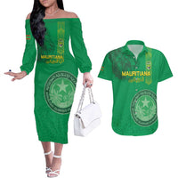 Custom Mauritania Football Couples Matching Off The Shoulder Long Sleeve Dress and Hawaiian Shirt Coat Of Arms With Islamic Pattern - Wonder Print Shop