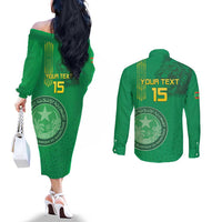 Custom Mauritania Football Couples Matching Off The Shoulder Long Sleeve Dress and Long Sleeve Button Shirt Coat Of Arms With Islamic Pattern - Wonder Print Shop