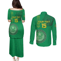 Custom Mauritania Football Couples Matching Puletasi and Long Sleeve Button Shirt Coat Of Arms With Islamic Pattern - Wonder Print Shop