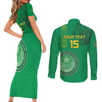 Custom Mauritania Football Couples Matching Short Sleeve Bodycon Dress and Long Sleeve Button Shirt Coat Of Arms With Islamic Pattern - Wonder Print Shop