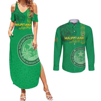 Custom Mauritania Football Couples Matching Summer Maxi Dress and Long Sleeve Button Shirt Coat Of Arms With Islamic Pattern - Wonder Print Shop